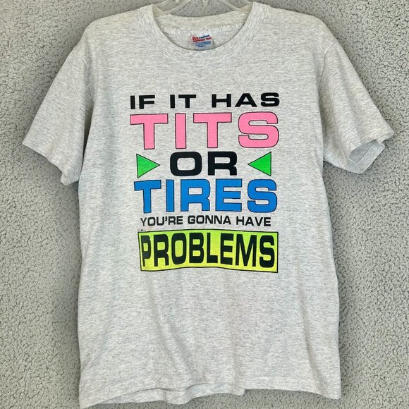 Vintage 80s Graphic T-Shirt If It Has Ti*s or Tires Humor T Shirt Size Medium - Picture 1 of 5